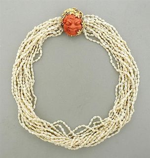 18k Gold Pearl Carved Coral Necklace Brooch