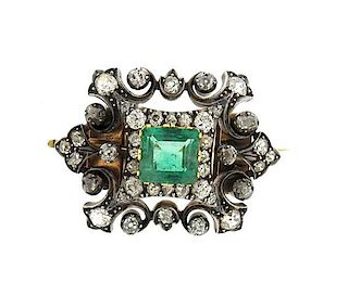 14k Gold Silver Emerald Diamond Brooch  Pin