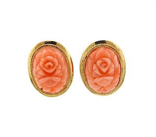14k Gold Carved Coral Rose Flower Motif Earrings