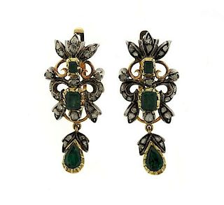 18k Gold Silver Diamond Emerald Drop Earrings