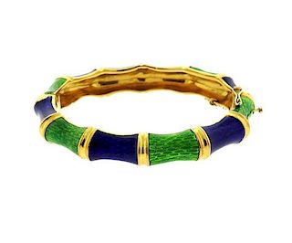 Italian 18k Gold Blue Green Enamel Bangle Bracelet
