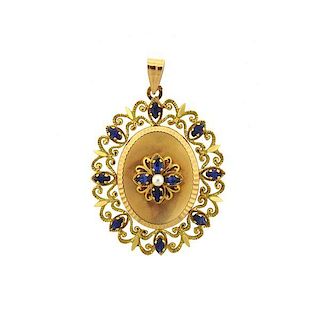 French 18k Gold Pearl Blue Stone Pearl Locket Pendant