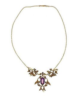 Antique 14k Gold Pearl Purple Stone Necklace