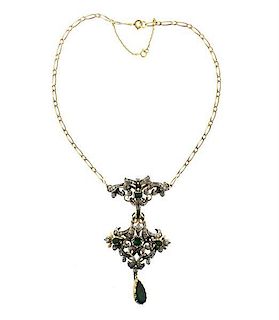 18k Gold Silver Emerald Diamond Pendant Brooch Necklace