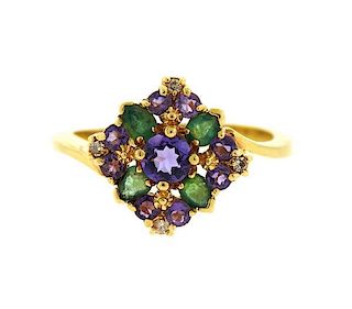 18k Gold Emerald Diamond Purple Stone Ring