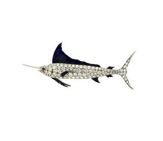 Platinum 18k Diamond Blue Fin Marlin Fish Brooch Pin