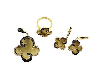 Sophia 18k Gold Black White Diamond Ring Earrings Pendant Set