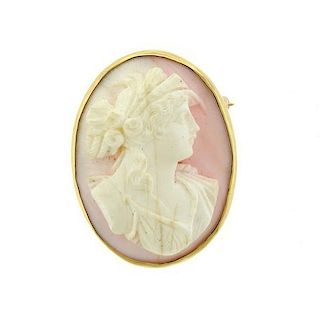 14k Gold Coral Cameo Brooch Pendant