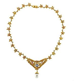 Loree Rodkin 18k Gold Multi Color Sapphire Pearl Necklace