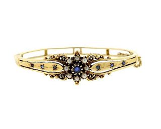 Antique 14k Gold Pearl Blue Stone Bangle Bracelet