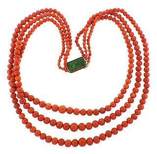 18k Gold Coral Bead Carved Jade Necklace
