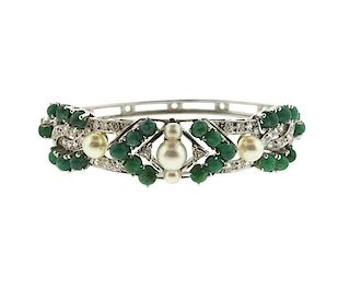 14k Gold Diamond Pearl Green Stone Bracelet