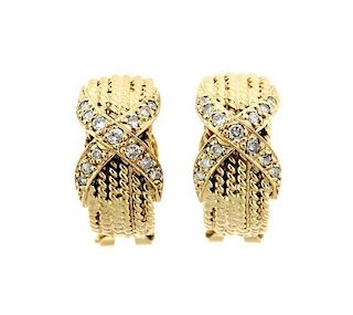 14k Gold Diamond X Half Hoop Earrings