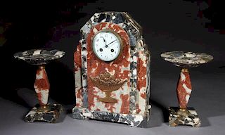 Three Piece Art Deco Breche d'Alpes Marble Clock S