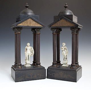 Pair of Black Marble and Patinated Spelter Garnitu