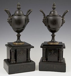 Pair of Bronze and Black Marble Coupes, c. 1880, t