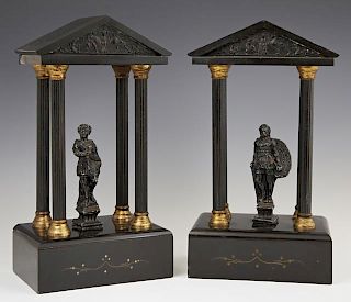 Pair of Black Marble and Spelter Temple Form Clock