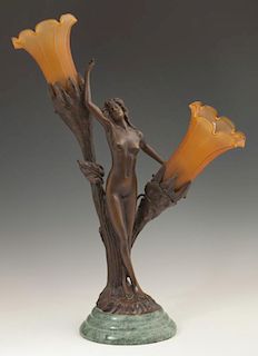Patinated Bronze Art Nouveau Style Figural Two Lig