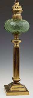 English Brass Oil Lamp, 19th c., the green glass f