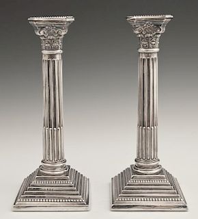 Pair of English Sterling Weighted Candlesticks, 19