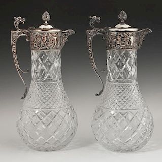 Pair of Silverplated Pressed Glass Claret Jugs, c.