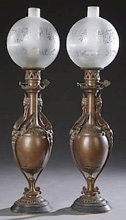 Pair of French Patinated Spelter Oil Lamps, c. 188
