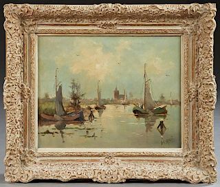 De Groot, "Dutch Harbor Scene," late 19th c., oil