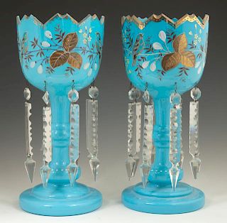 Pair of English Blue Lusters, c. 1880, with leaf,