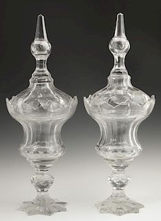 Pair of Anglo-Irish Panel-Cut Glass Covered Sweetm