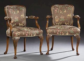 Pair of Queen Anne Style Upholstered Mahogany Armc