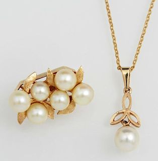 Two Pieces of 14K Yellow Gold Cultured Pearl Jewel