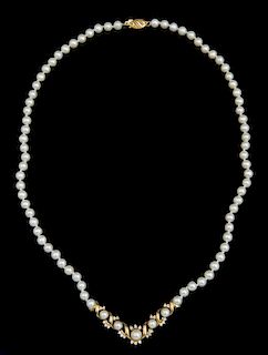 14K Yellow Gold Cultured Pearl Necklace, 20th c.,