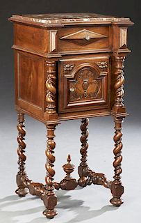 Henri II Carved Walnut Marble Top Nightstand, c. 1