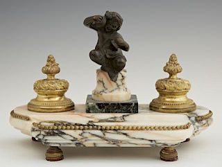 Gilt and Patinated Bronze and Marble Inkwell, 19th