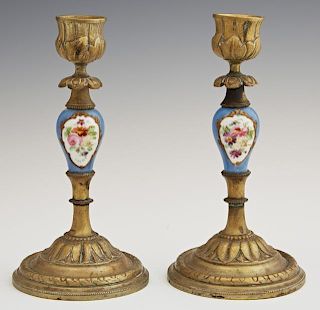 Pair of Diminutive Gilt Bronze and Sevres Porcelai