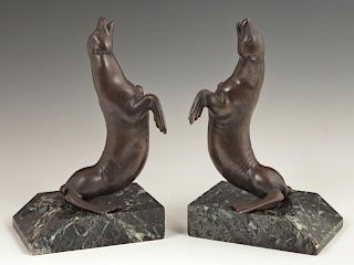 Pair of Patinated Bronze Bookends, 20th c., of sea