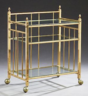 Brass and Glass Bar Cart, 20th c., with three glas