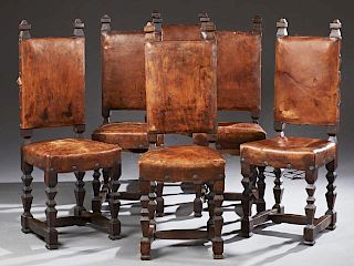 Set of Six Spanish Carved Beech and Leather Dining