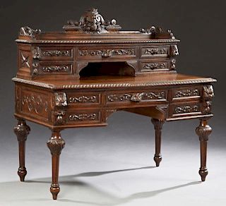 French Henri II Style Carved Oak Desk, c. 1850, wi