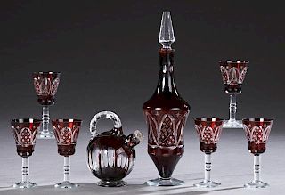 Eight Piece Bohemian Cut-to-Clear Ruby Glass Lique