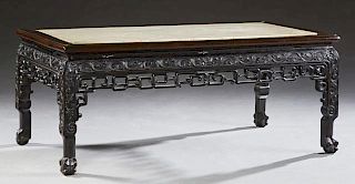 Chinese Carved Rosewood Marble Top Coffee Table, 2