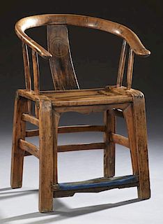 Chinese Horseshoe Form Carved Elm Armchair, early