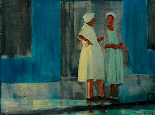 New Orleans School, "Bus Stop," 20th c., oil on ca