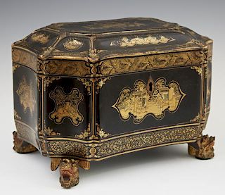 Chinese Export Elaborately Gilded Black Lacquer Te