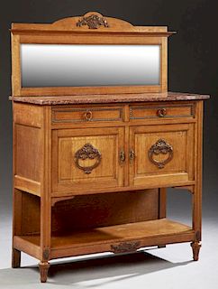 French Art Deco Marble Top Carved Oak Sideboard, c