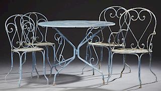 French Wrought Iron Five Piece Bistro Set, 20th c.