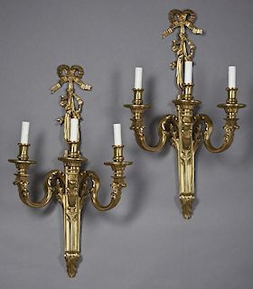 Pair of Large Gilt Bronze Louis XVI Style Three Li
