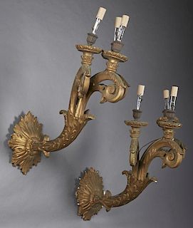 Large Pair of Carved Wood and Gesso Three Light Sc