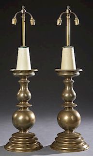 Pair of Dutch Style Bronze Candlestick Form Lamps,