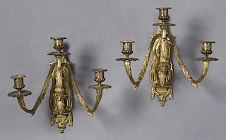 Pair of French Gilt-Bronze Three-Light Sconces of
